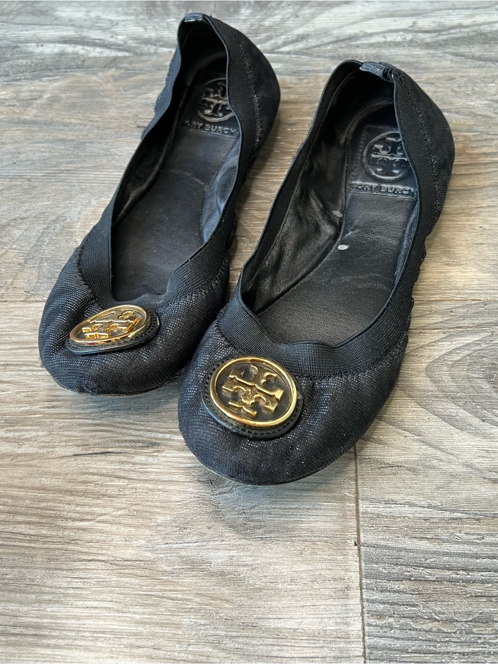 Tory Burch Black Ballet Flats with Gold Logo Medallions